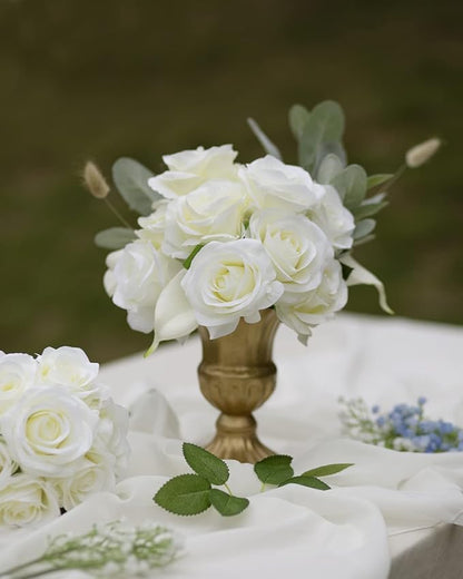 LFF 10pcs Silk Roses Artificial Flowers Fake Long Stem Roses for DIY Wedding Bouquet Home Decoration (Ivory)