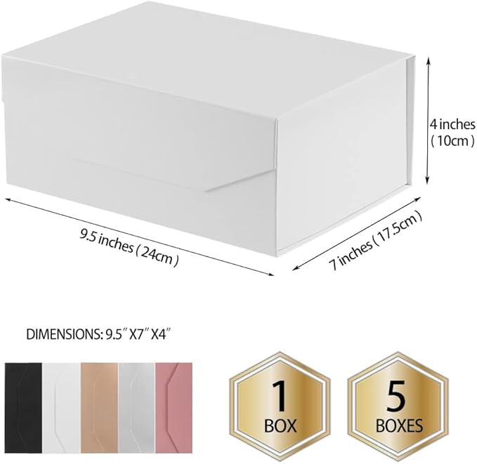 5PCS White Gift Box with Ribbon 9.5x7x4 Inches，Sturdy Gift Box with Lid for Gift Packaging, Foldable Magnetic Closure Storage Boxes, Bridesmaid proposal box, Rectangle Collapsible Box