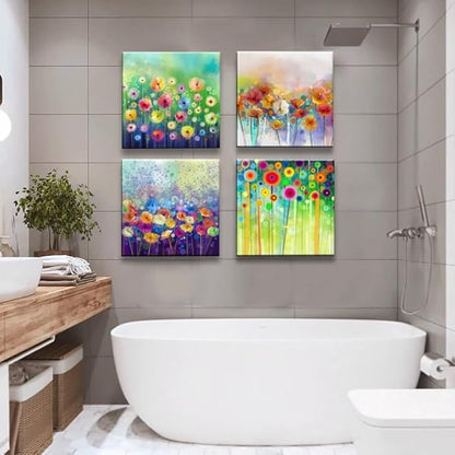 Colorful Flowers Canvas Wall Art, Floral Artwork Painting Prints ModernBathroom Pictures Framed for Living Room Bedroom Office Home Decor - 16"x16"x4 panel