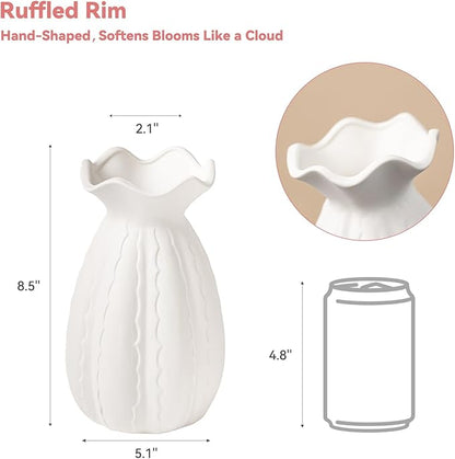 White Ceramic Vase with Ruffled Rim & Scalloped Texture - 8.5" Unique Flower Vase for Pampas Grass & Centerpieces, Decorative Boho/Farmhouse Vase for Living Room, Office Desk & Gift for Her/Yourself