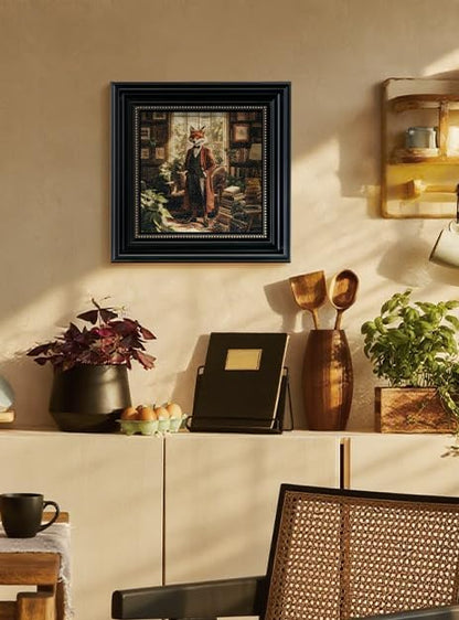 Vintage 3D Textured Fox Duke Scholar Framed Wall Art 16x16, Anthropomorphic Animal Portrait Sandstone Panel Print Artwork, Rustic Retro Farmhouse Living Room Bedroom Study Gallery Home Decor
