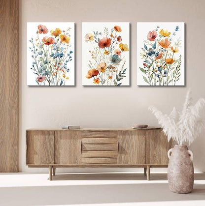 Watercolor Flowers Bathroom Canvas Wall Art, Colorful Wildflower Wall Decor Poster Prints Botanical Artwork for Living Room Bedroom Bathroom Farmhouse Decor 16x24x3pcs