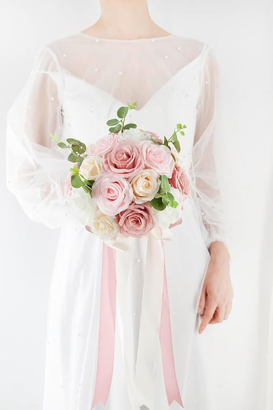 Pink & Champage Wedding Bouquets for Bride Bridesmaids, Bridal Bouquet for Wedding Silk Artificial Flowers