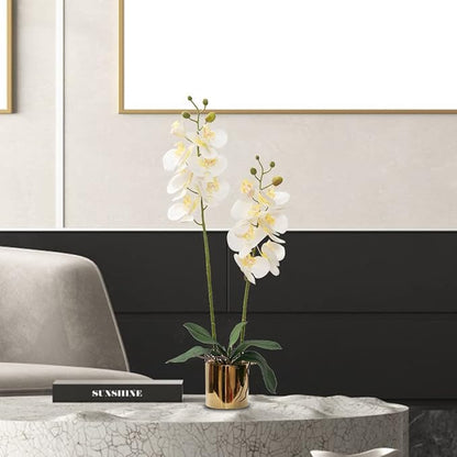 Artificial Orchid Flowers White Faux Orchids with Ceramic Vase Vivid Fake Phalaenopsis Flower Arrangement Gorgeous Artificial Plants for Office Desk Wedding Party Exhibition Center & Home Table Decor