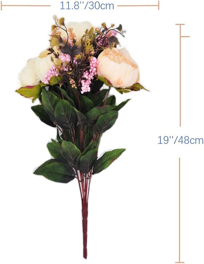 2pcs Artificial Peony Bouquets,19 Inch Silk Peony Bunch with 7 Faux Flowers,Classical Style Artificial Flowers with Leaves and Ornaments for Wedding,Home Décor Centerpieces(White)