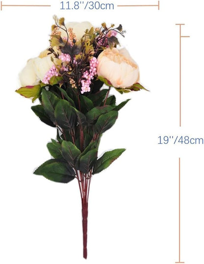 2pcs Artificial Peony Bouquets,19 Inch Silk Peony Bunch with 7 Faux Flowers,Classical Style Artificial Flowers with Leaves and Ornaments for Wedding,Home Décor Centerpieces(White)