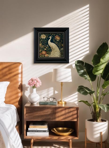 Vintage 3D Textured White Peacock Framed Wall Art 16x16 Inch, Square Bird and Floral Artwork Sandstone Panel Botanical Print, Rustic Living Room Bedroom Office Farmhouse Entryway Home Decor