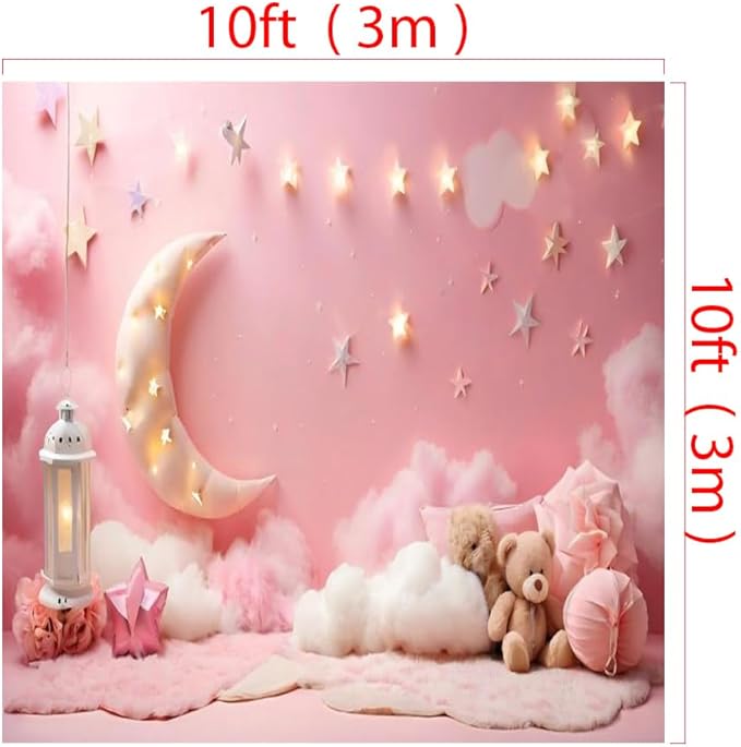 10x10ft Pink Cotton Cloud Backdrop Pink Flowers Moon and Stars Light Decor Cute Teddy Photography Background Children Baby Shower Backdrops for Shoot Photo Video Prop