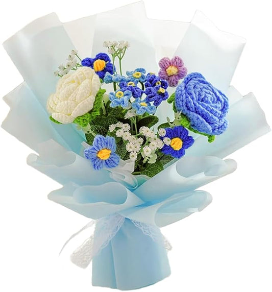 Handmade Crochet Rose Flower Bouquet: Artificial Knitted Rose Gift for Wife Mother Girlfriend for Festival Wedding Graduation Anniversary (Blue)