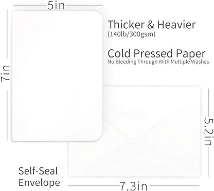 Funto Blank Watercolor Cards and Envelopes, 50 Cards, 5x7'', 140lb/300gsm, White, Acid-Free, Heavyweight Paper for All Occasions