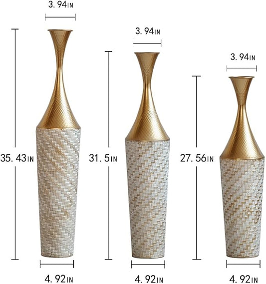 Floor Oversized Gold Metal Decorative Vase with 3D Triangle Pattern Set of 3 Large Vases for Home Living Room 33.5 ", 29.5 ", 25.2" High (Champagne)