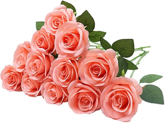 Artificial Rose Flower Artificial Flowers Flower with Long Stem Silk Roses Bouquet for Wedding Bridal Shower Party Home Decoration (Coral Peach, 12 Pcs)