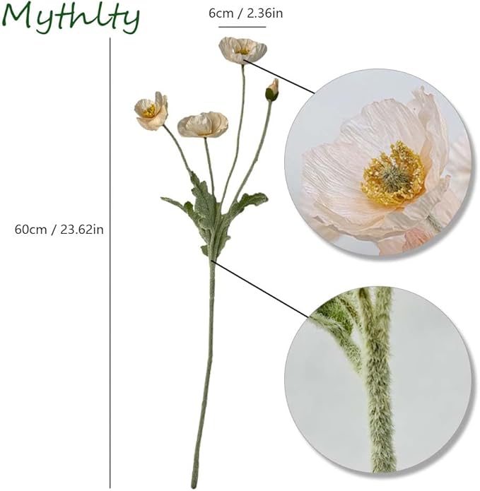 Set of 6 Poppies Flowers Artificial Silk Flowers with Long Stems Faux Wildflowers Bouquet for Vases Oil Pastel Style for Wedding Party Indoor Home Office Decor (Champagne)