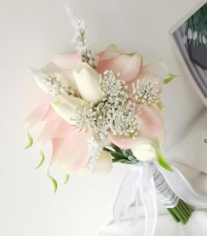 Tulips Calla Lily Artificial Flowers | Real Touch |Bridal Bouquet | Wedding Bouquet Home Décor Party (Pink 1 Bouquet)
