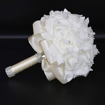 Wedding Bouquet, Creamy Bouquet for Bride Bridesmaid with Diamond Soft Ribbons, Artificial Rose Bridal Holding Flowers for Party Church