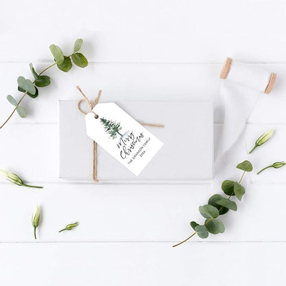 Andaz Press Personalized Christmas Holiday Season Classic Gift Tags, Merry Christmas Custom Family Name and Year, Watercolor Christmas Tree with Snow Design, Holiday Events, Parties, Favors, 60-Pack
