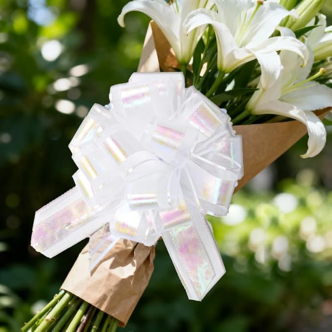 10-Pack Pearl White Pull Bows for Gift Wrapping - 6 Inch Reusable Ribbon Bows, Large Instant Floral Decor Bows for Wedding, Christmas, Birthday Decor, Gift Basket & Party Decorations