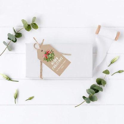Andaz Press Personalized Christmas Holiday Season Classic Gift Tags, Merry Christmas Custom Family Name and Year, Kraft Brown with Mistletoe Design, for Holiday Events, Parties, and Favors, 60-Pack