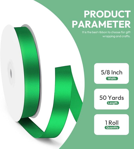 5/8" x 50 Yards Satin Ribbon - Green Silk Ribbon with Spool - Ideal for Gift Wrapping, Floral Bouquets, Crafts, Wedding Party Decorations, Christmas and Sewing Projects