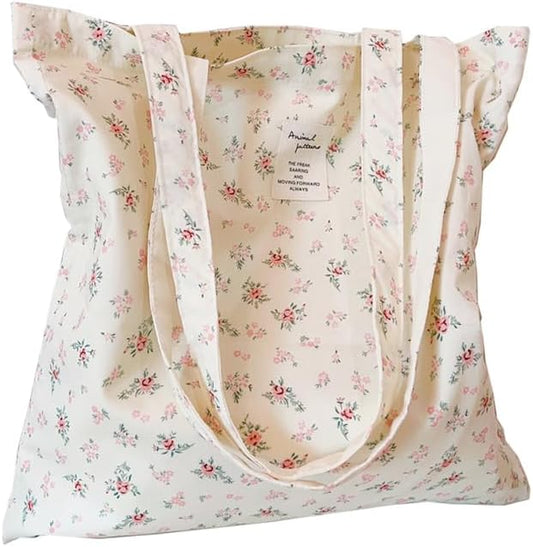 Cotton Canvas Tote Bag Reusable Soft Grocery Cloth Bag Floral Shoulder Bag for Beach Travel Shopping