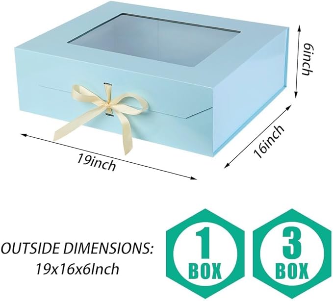 Extra Large Blue Gift Box for Presents with Ribbon 19x16x6 Inches Clear Gift Box with Window Magnetic Closure Gift Boxes with Lids