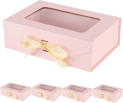 5 Pcs Pink Gift Box for Presents with Ribbon 10.8x7.5x3.5 Inches Clear Gift Box with Window Magnetic Closure Gift Boxes with Lids