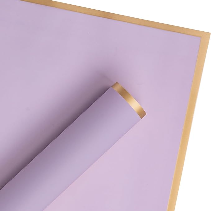 WRAPAHOLIC 20 Sheets Flower Wrapping Paper - 22.4 x 22.4 inch Gold Trim Purple Water-Resistant Floral Bouquet Wrapping Paper, Florist Supplies Packaging Paper for Wedding Birthday Gift DIY