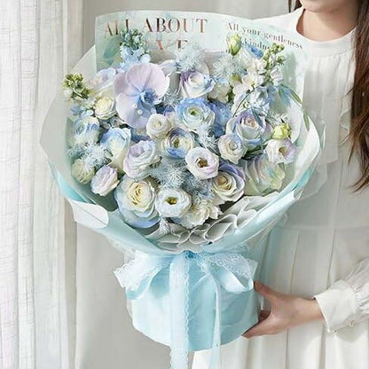 LeZakaa 20 Sheets Flower Wrapping Paper - Waterproof Reversible Floral Bouquet Paper - Sky Blue Design for Father's Day, Graduation, Party, Holiday