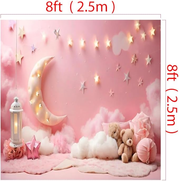 8x8ft Pink Cotton Cloud Backdrop Pink Flowers Moon and Stars Light Decor Cute Teddy Photography Background Children Baby Shower Backdrops for Shoot Photo Video Prop