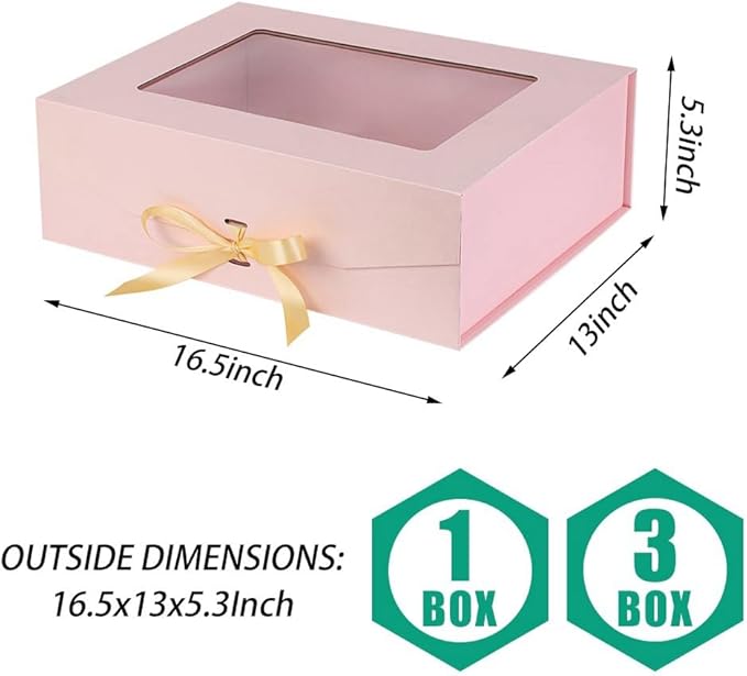 Pink Extra Large Gift Box for Presents with Ribbon 16.5x13x5.3 Inches Clear Gift Box with Window Magnetic Closure Gift Boxes with Lids