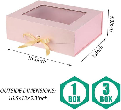 3 Pcs Pink Extra Large Gift Box for Presents with Ribbon 16.5x13x5.3 Inches Clear Gift Box with Window Magnetic Closure Gift Boxes with Lids
