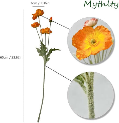 Set of 6 Poppies Flowers Artificial Silk Flowers with Long Stems Faux Wildflowers Bouquet for Vases Oil Pastel Style for Wedding Party Indoor Home Office Decor (Orange)