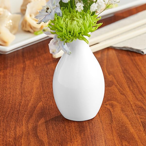 Porcelain Bud Vase, Bright White, 3 3/4 Inch, Round Jug Design, Single Flower Opening, Dishwasher Safe,