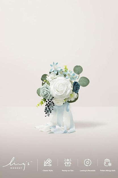 Ling's moment Artificial Flowers Dusty Blue Bridesmaid Bouquet Set of 6, Blue & White Wedding Flowers Bouquets for Bridesmaids, 7 Inch Bridal Bouquets for Bridesmaids