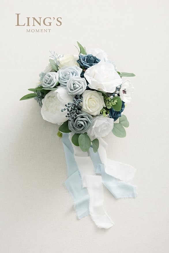 Ling's moment Dusty Blue Bridal Bouquet for Bride, Blue Wedding Bouquets for Bride, 13 Inch Silk Round Artificial Wedding Flowers Bouquets