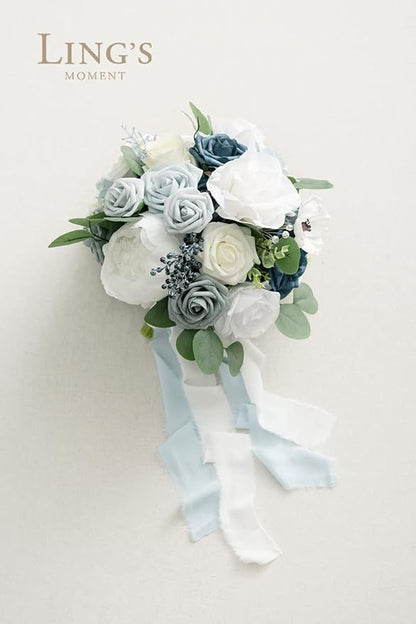 Ling's moment Dusty Blue Bridal Bouquet for Bride, Blue Wedding Bouquets for Bride, 13 Inch Silk Round Artificial Wedding Flowers Bouquets