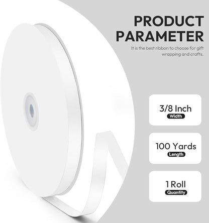 3/8" x 100 Yards Satin Ribbon - White Silk Ribbon with Spool - Ideal for Gift Wrapping, Floral Bouquets, Crafts, Wedding Party Decorations, Christmas and Sewing Projects