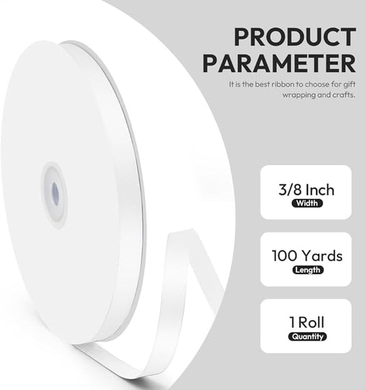 3/8" x 100 Yards Satin Ribbon - White Silk Ribbon with Spool - Ideal for Gift Wrapping, Floral Bouquets, Crafts, Wedding Party Decorations, Christmas and Sewing Projects