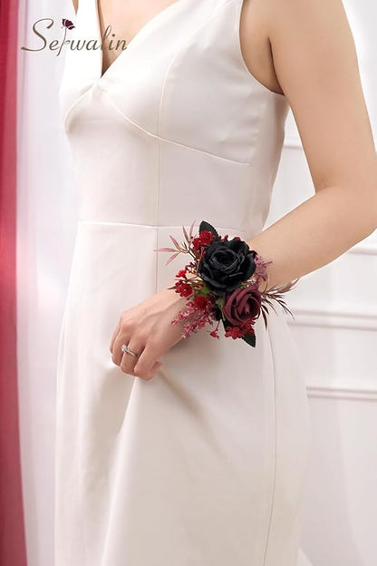 Serwalin Set of 2 Wrist Corsage for Wedding, 6-7inch Corsages Wristlet for Bridesmaid Mother Grandmother, Artificial Flowers for Prom Ceremony Anniversary, Black Burgundy