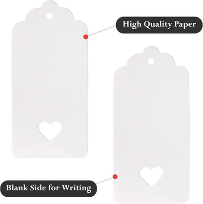 jijAcraft 100Pcs Gift Tags with String, White Paper Tag with Hollow Heart, 3.7 x 1.7Inch Blank Gift Wrapping Hangtag, Party Favors Tag for Wedding, Birthday, Baby Shower