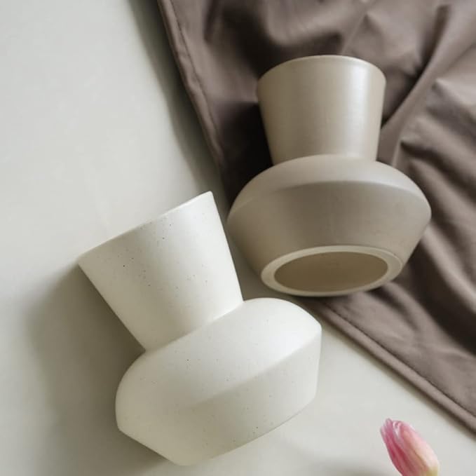 Wide Mouth Ceramic Flower Vase, Minimalist Decor for Living Room (Coconut Café)