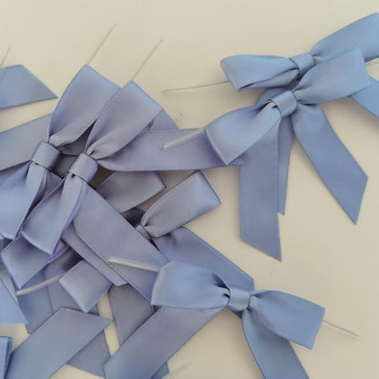 50pcs 2-1/2" Smog Blue Satin Ribbon Bows with Twist Ties Smog Satin Ribbon Bows for Candy Party Decoration Gift Packing Wrapping Accessories(2.5”,Airy Blue)