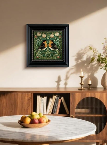 Vintage 3D Textured Bird and Flower Framed Wall Art 16x16, Square Robin Floral Botanical Print Sandstone Surface Artwork, Rustic Nature Living Room Bedroom Farmhouse Entryway Home Decor