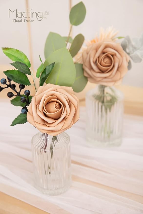 MACTING 30PCS Artificial Flower Roses Fake Flowers with Stem Foam Roses for DIY Wedding Bouquet Table Centerpieces Party Holiday Baby Shower Home Spring Valentines Day Decorations,Light Brown