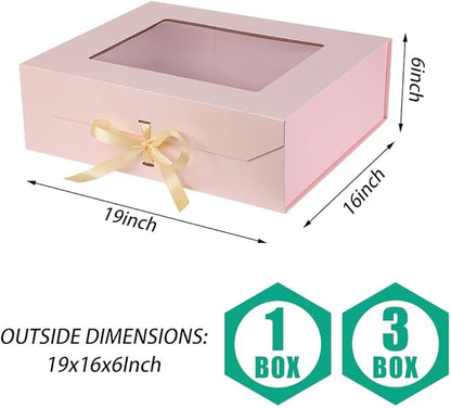 3 Pcs Extra Large Pink Gift Box for Presents with Ribbon 19x16x6 Inches Clear Gift Box with Window Magnetic Closure Gift Boxes with Lids