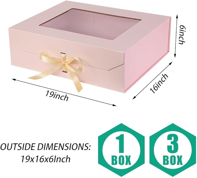 Extra Large Pink Gift Box for Presents with Ribbon 19x16x6 Inches Clear Gift Box with Window Magnetic Closure Gift Boxes with Lids
