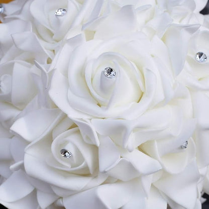 Wedding Bouquet, Blue Bouquet for Bride Bridesmaid with Diamond Soft Ribbons, Artificial Rose Bridal Holding Flowers for Party Church