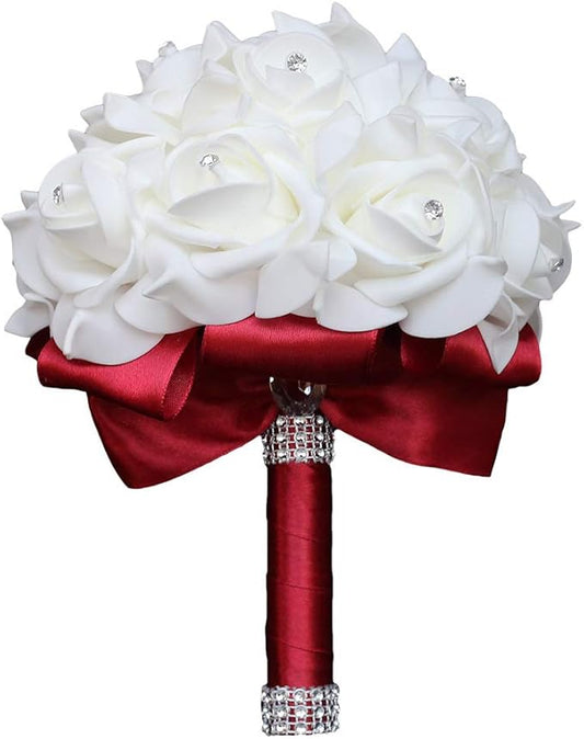 Wedding Bouquet, Wine Red Bouquet for Bride Bridesmaid with Diamond Soft Ribbons, Artificial Rose Bridal Holding Flowers for Party Church