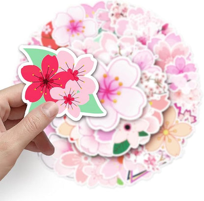 Sakura Stickers for Teens Boy Girls Kids|50 Pcs|Bright Vinyl Waterproof Stickers for Laptop Phone Luggage Flasks Water Bottle Bike Car Notebook Tablet,Aesthetic Cartoon Flowers Decals Pack(Sakura)