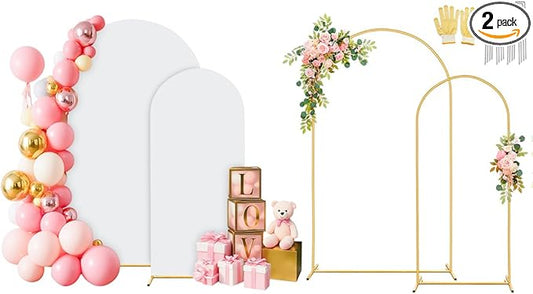 7.2FT, 6FT Arch Backdrop Stand with Cover Set of 2, Gold Metal Balloon Wedding Arch Frame with 8 Ground Stakes Stable for Outdoor Birthday Party Wedding Ceremony Bridal Baby Shower Decoration